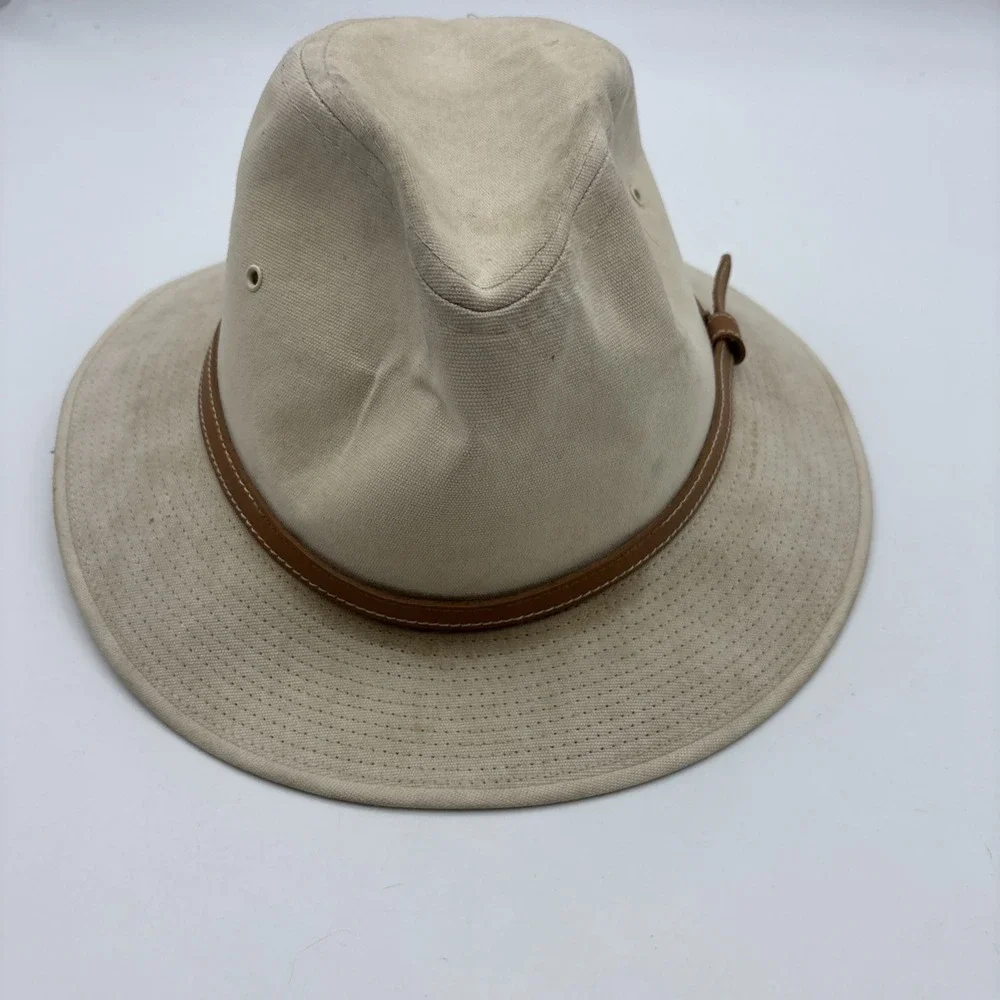 Vintage Stetson Safari Hat Canvas Made in USA Brown Leather Band 7 1/4 - 7 3/8
